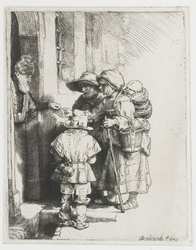 Un jugador de organillo ciego y su familia recibiendo limosnas de Rembrandt van Rijn